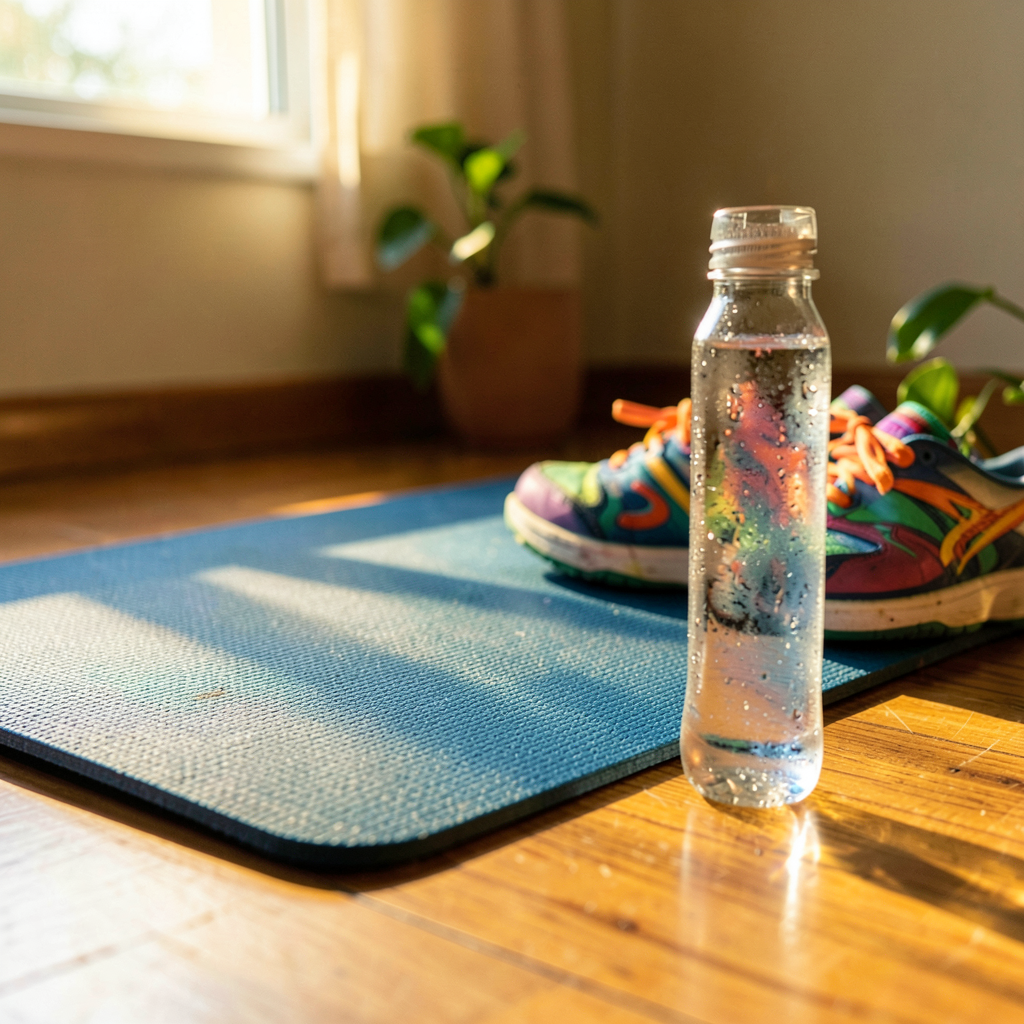 Un tableau avec des exercices de sport à faire chez soi, illustré de flèches et de couleurs vives