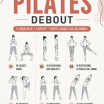 Femme pratiquant le Pilates debout dans un environnement calme, souriante et détendue.