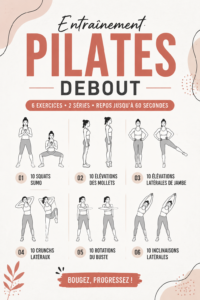 Femme pratiquant le Pilates debout dans un environnement calme, souriante et détendue.
