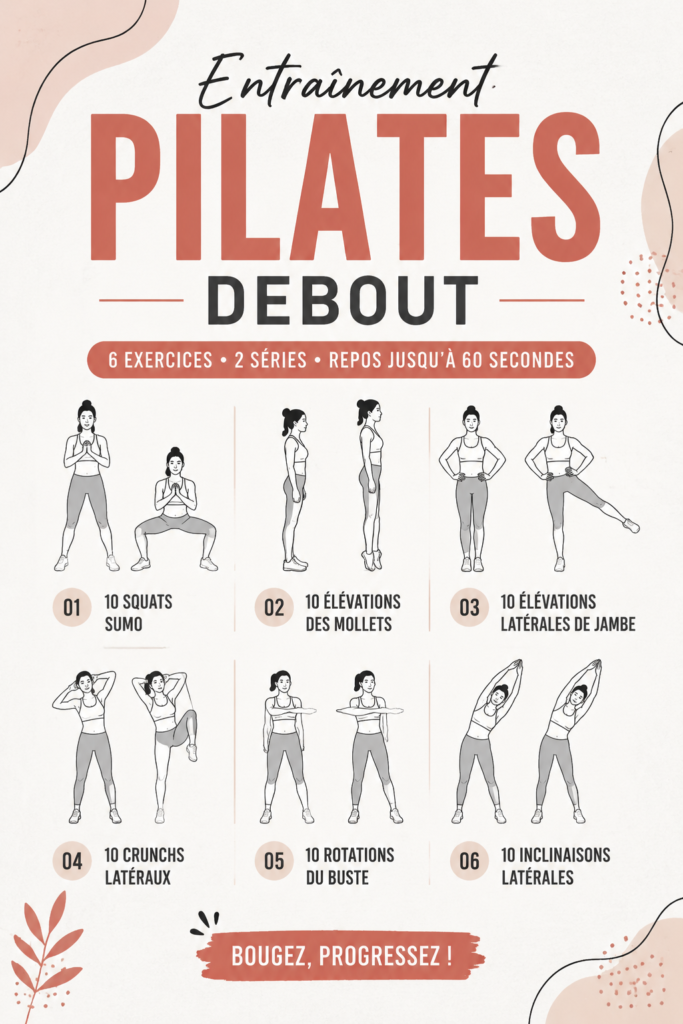 Femme pratiquant le Pilates debout dans un environnement calme, souriante et détendue.