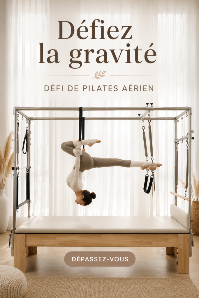 Femme pratiquant le Pilates aérien dans un studio lumineux