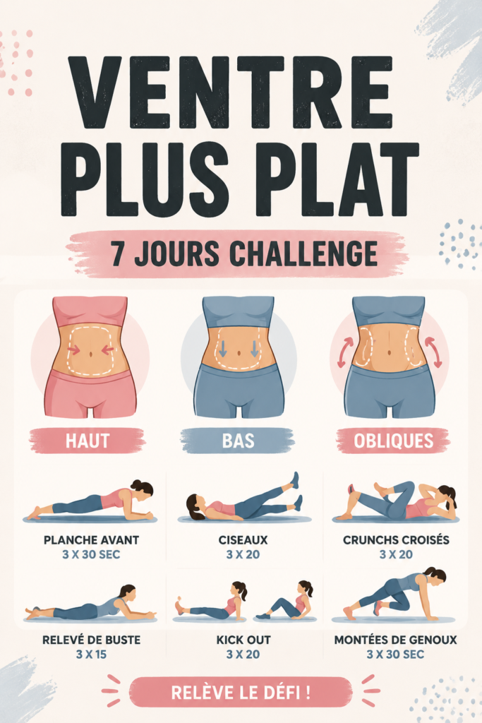 Femme pratiquant des exercices pour un ventre plat dans un cadre chaleureux, représentant un défi de 7 jours.