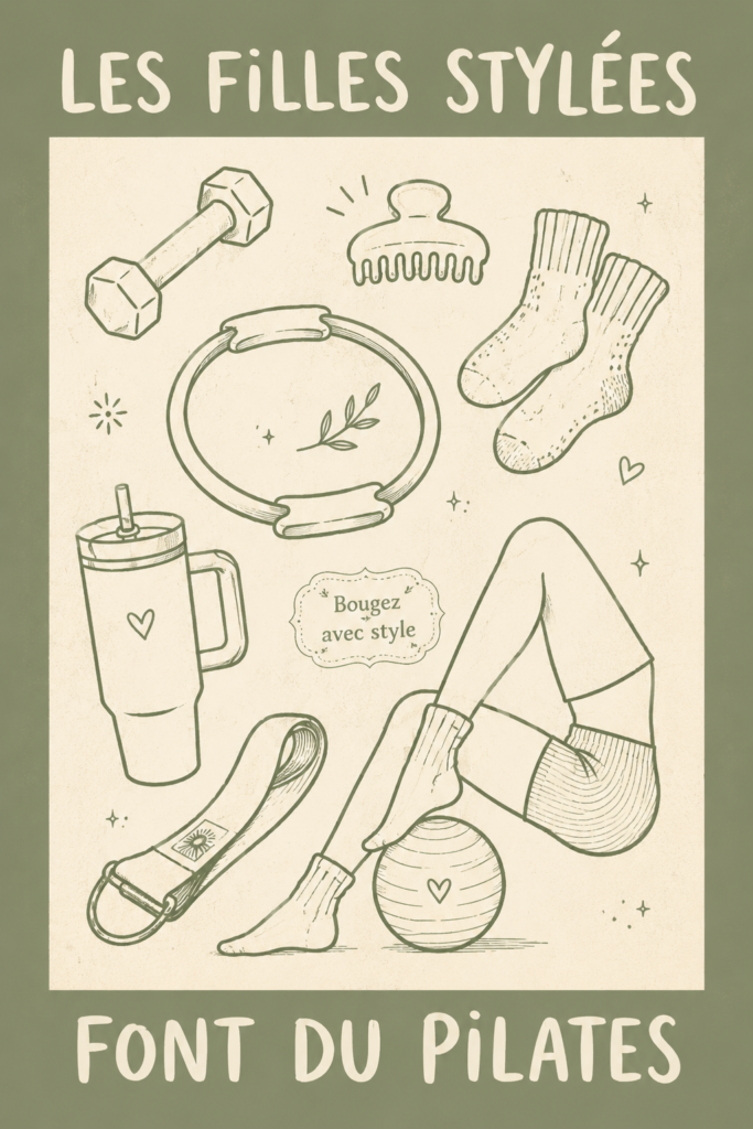 Illustration esthétique d'une femme pratiquant le Pilates dans un environnement zen.