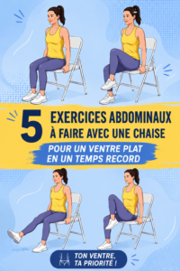 Femme effectuant des exercices abdominaux avec une chaise dans un salon lumineux.
