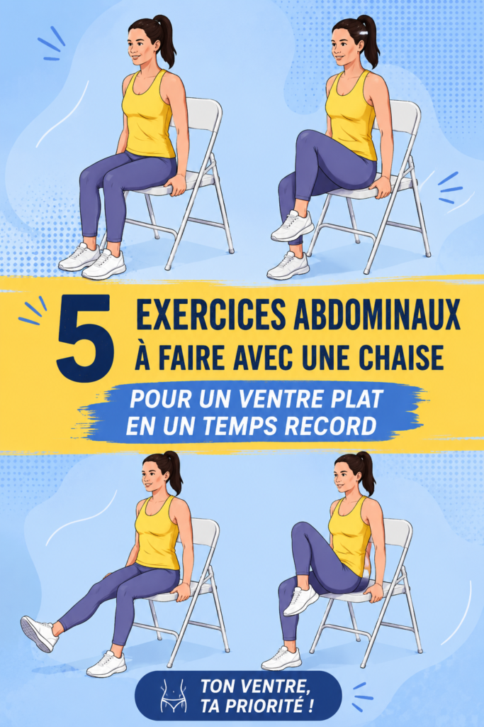 Femme effectuant des exercices abdominaux avec une chaise dans un salon lumineux.
