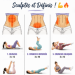 Femme souriante faisant des exercices abdominaux à la maison.