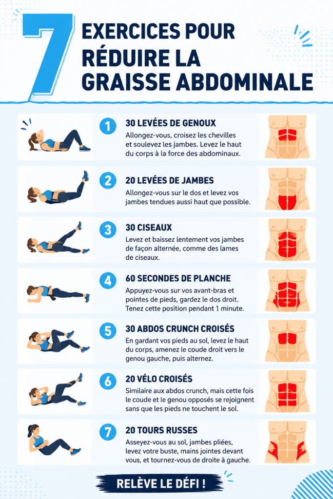 Femme faisant des exercices abdominaux pour réduire la graisse abdominale.