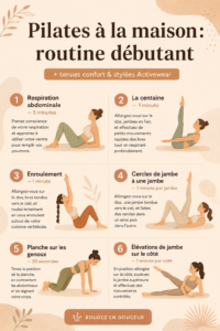 Femme pratiquant le Pilates à la maison avec des vêtements confortables.