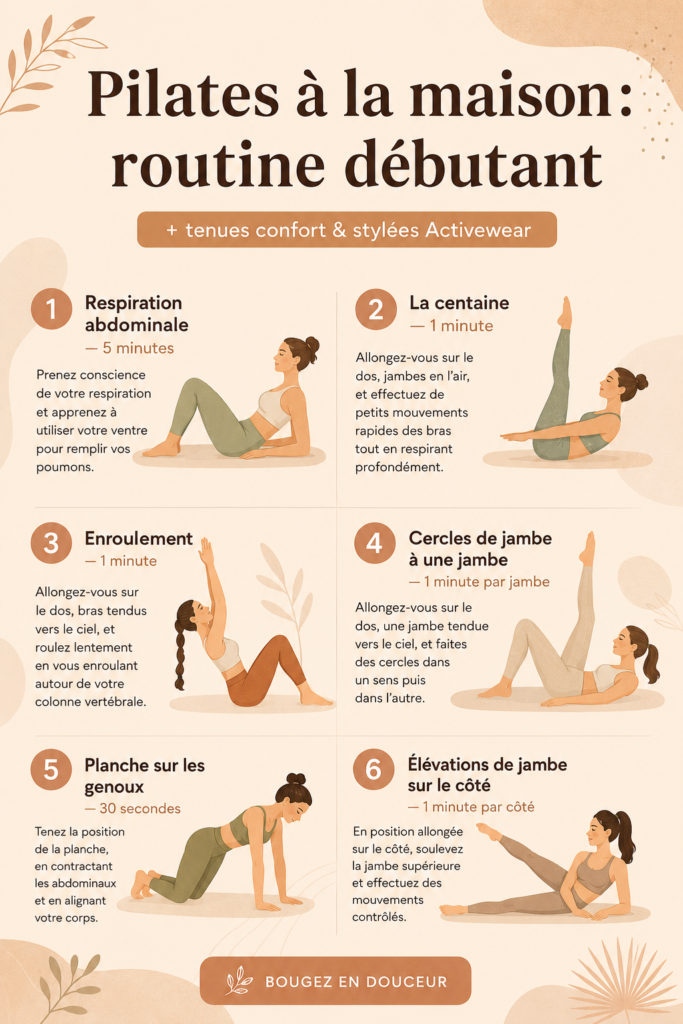 Femme pratiquant le Pilates à la maison avec des vêtements confortables.