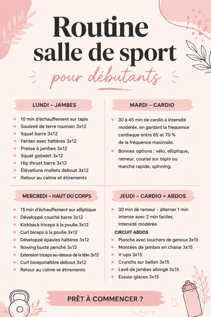 Une femme dans une salle de gym débutant une routine de fitness avec des haltères légers.