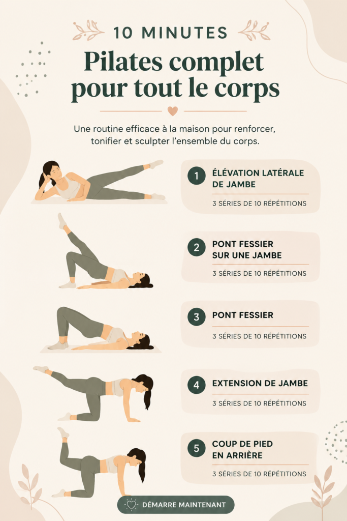Séance de Pilates rapide à domicile pour tonifier le corps en 10 minutes.