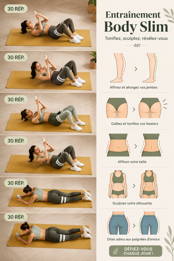 Femme pratiquant des exercices de corps minceur dans son salon