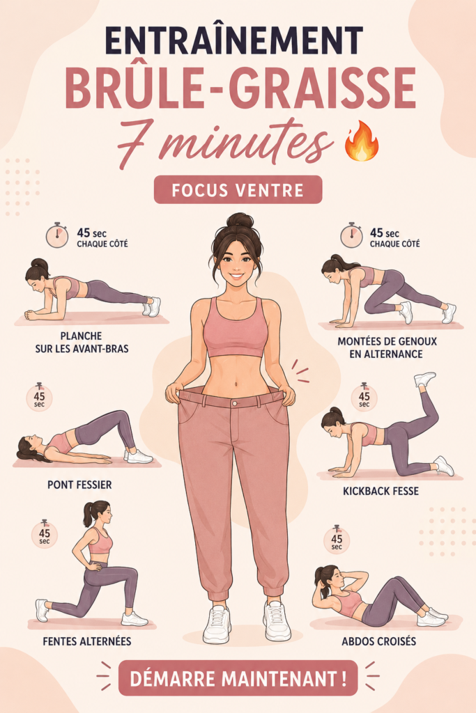 Femme faisant une routine d'entraînement de 7 minutes pour un ventre plat à la maison