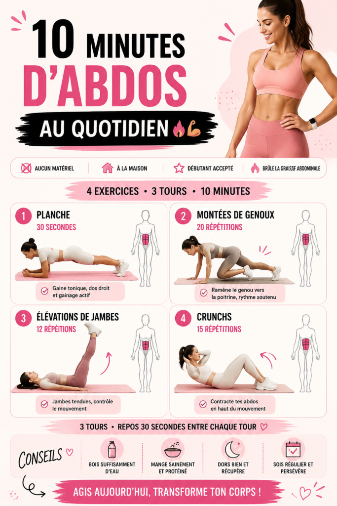 Femme souriante réalisant un entraînement abdominal de 10 minutes à domicile.