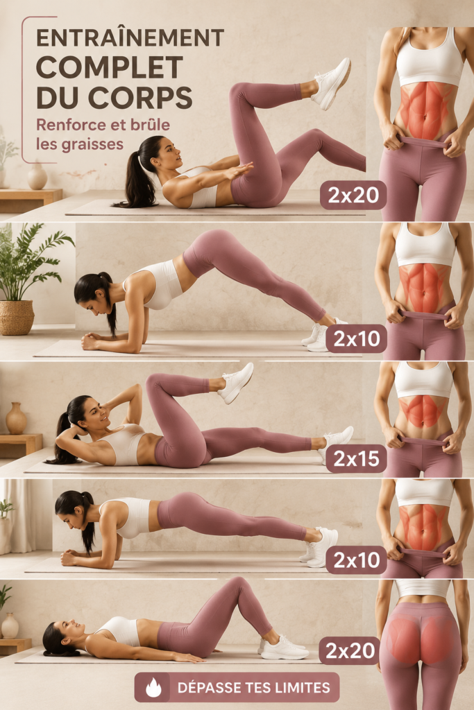 Femme réalisant un entraînement complet à la maison avec des haltères.