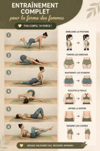 Femme en train de faire un entraînement complet à la maison avec des poids légers.