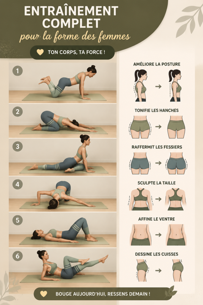 Femme en train de faire un entraînement complet à la maison avec des poids légers.