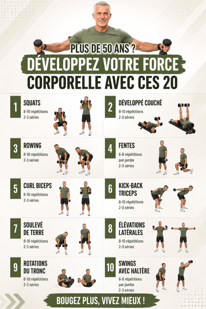 Femme de 50 ans faisant des exercices de musculation chez elle avec des haltères