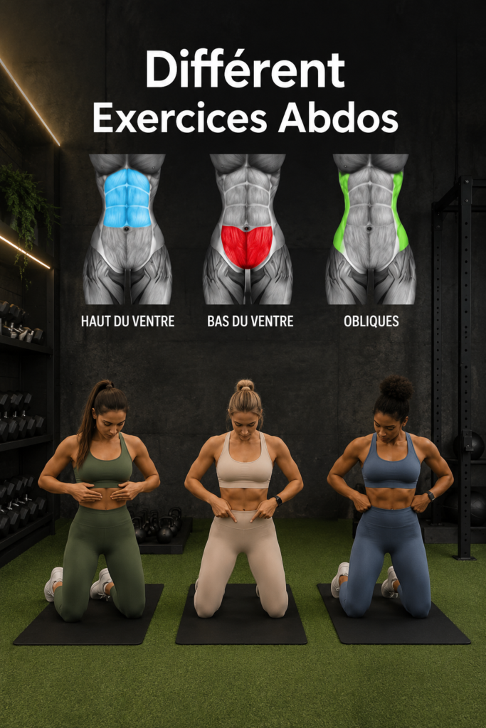 Femme en train de réaliser des exercices d'abdominaux variés dans un salon lumineux