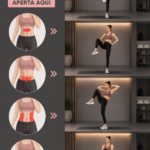 Femme en train de faire des exercices d'abdos à la maison, souriante et motivée.