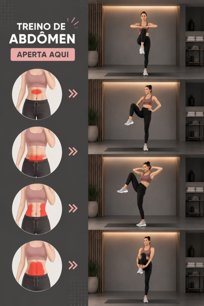 Femme en train de faire des exercices d'abdos à la maison, souriante et motivée.