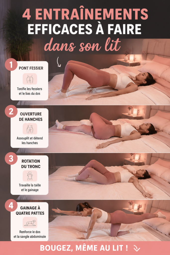 Femme réalisant des exercices au lit dans une ambiance confortable.