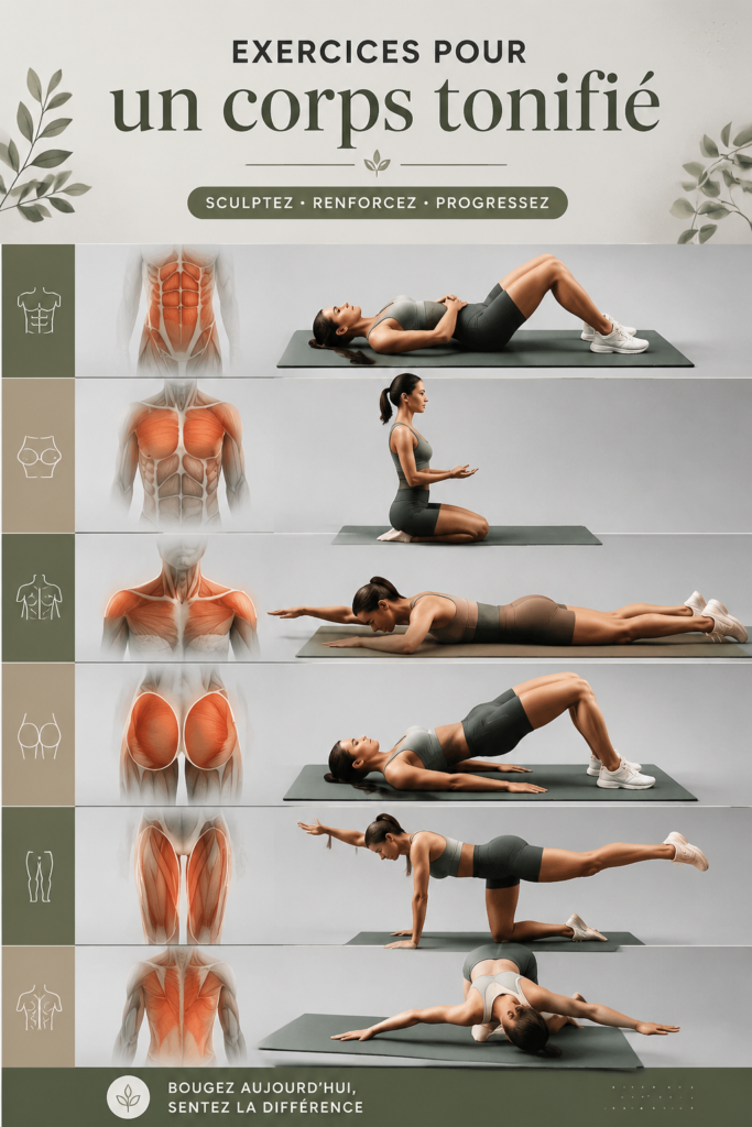 Femme pratiquant des exercices de tonification à la maison, souriante et motivée.