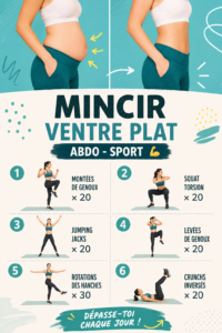 Femme réalisant des exercices pour un ventre plat et tonique sur un tapis de yoga.