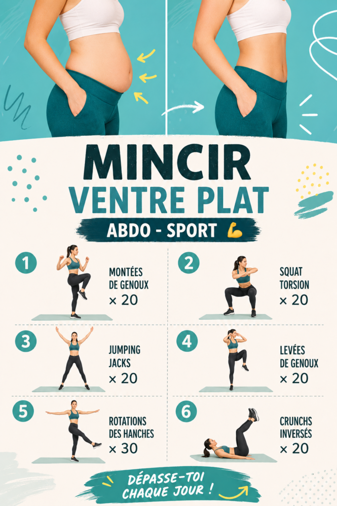 Femme réalisant des exercices pour un ventre plat et tonique sur un tapis de yoga.