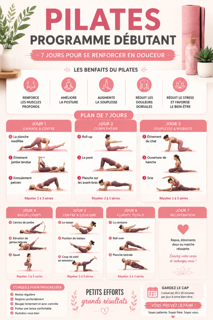 Femme pratiquant le Pilates dans un studio lumineux, mettant en avant le bien-être et la tonification musculaire.