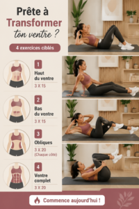 Femme souriante présentant une silhouette tonique, mettant en avant son ventre transformé.