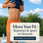 Femme souriante faisant du yoga dans un parc, illustrant la reprise douce du sport.