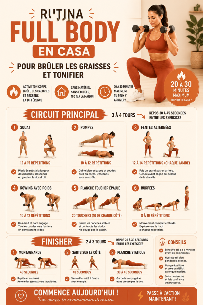 Femme pratiquant une routine d'entraînement complète à la maison pour tonifier son corps.