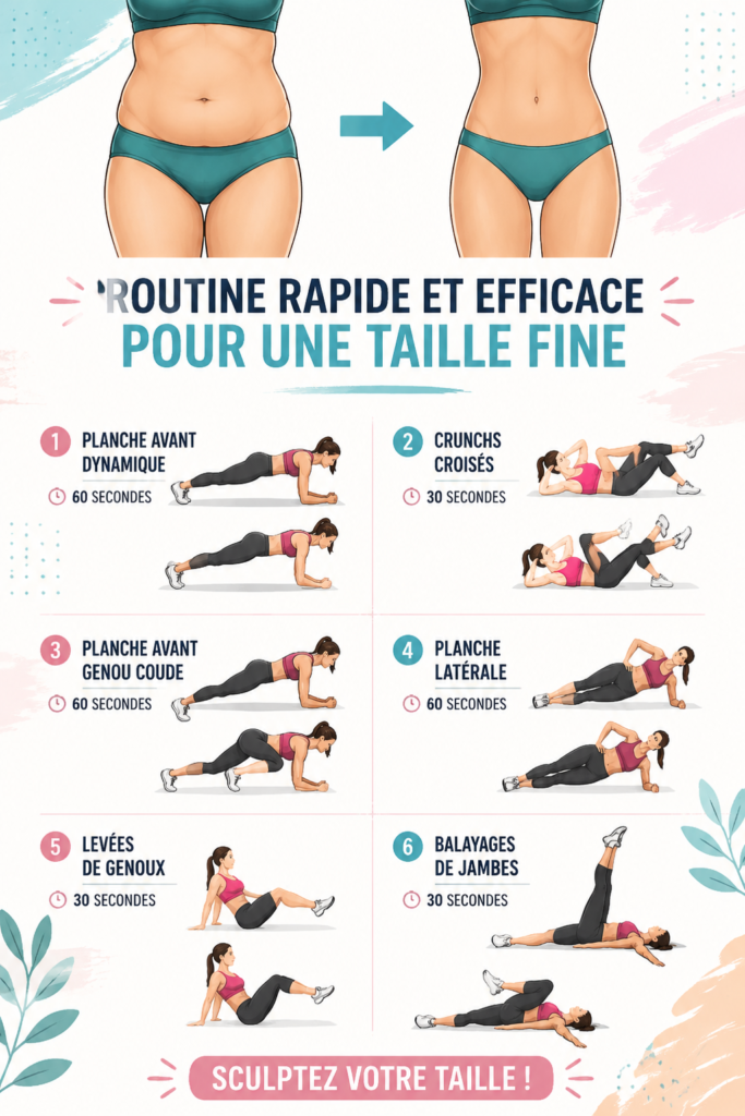 Femme effectuant un exercice simple pour affiner sa taille à la maison.