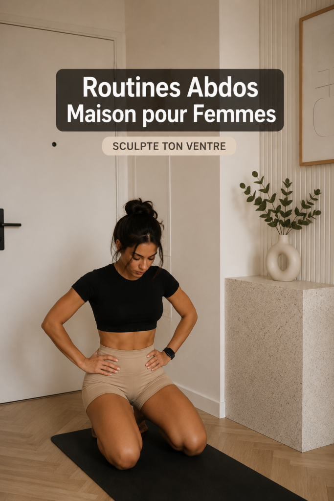 Femme faisant des exercices abdominaux à la maison dans un environnement chaleureux et accueillant.
