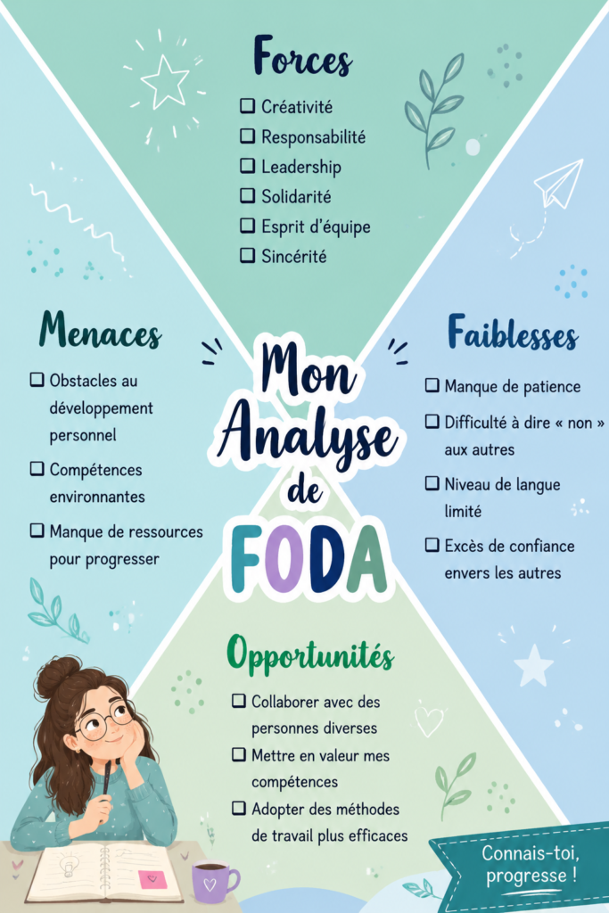 Un tableau illustrant l'analyse SWOT avec ses quatre composantes : forces, faiblesses, opportunités, menaces.