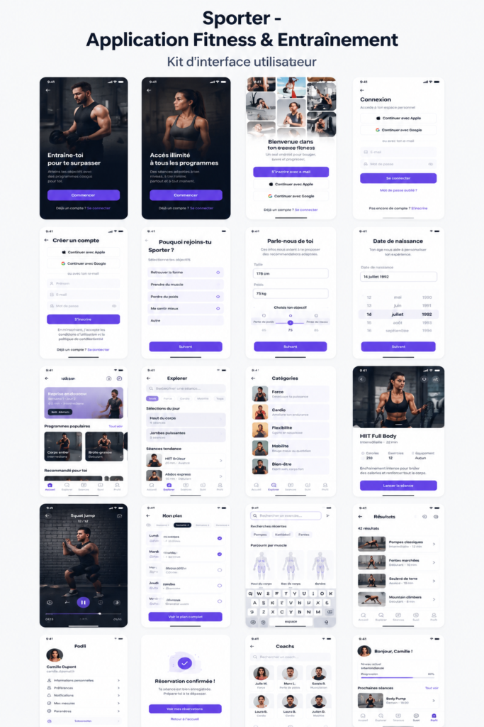 Capture d'écran d'une application de fitness conviviale pour les femmes, montrant un entraînement de yoga.