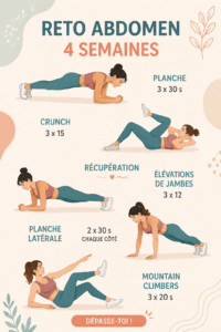 Femme faisant des exercices pour tonifier son abdomen lors d'un défi de 4 semaines.