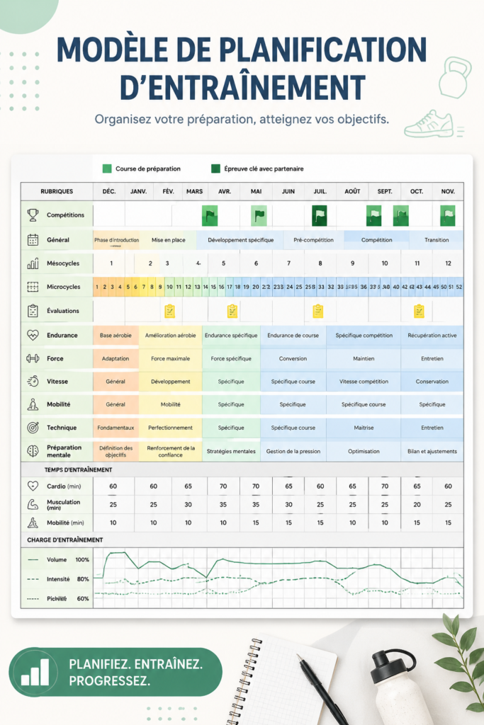 Modèle d'emploi du temps d'entraînement sur Excel avec des exemples de planning sportifs.