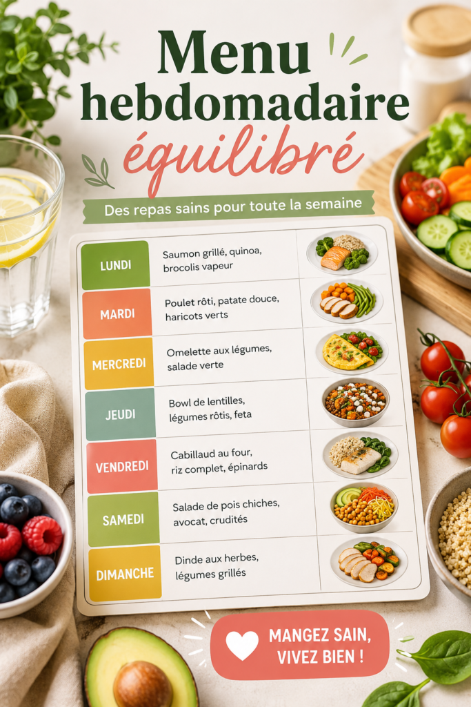 Menu hebdomadaire équilibré avec des plats colorés et sains