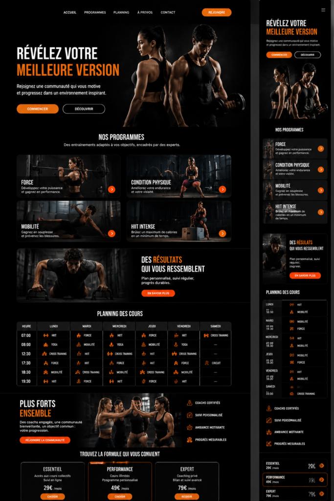 Image d'une page de fitness optimisée sur un écran d'ordinateur