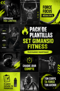 Pack de modèles de gym personnalisables sur Canva avec des designs colorés et pratiques.
