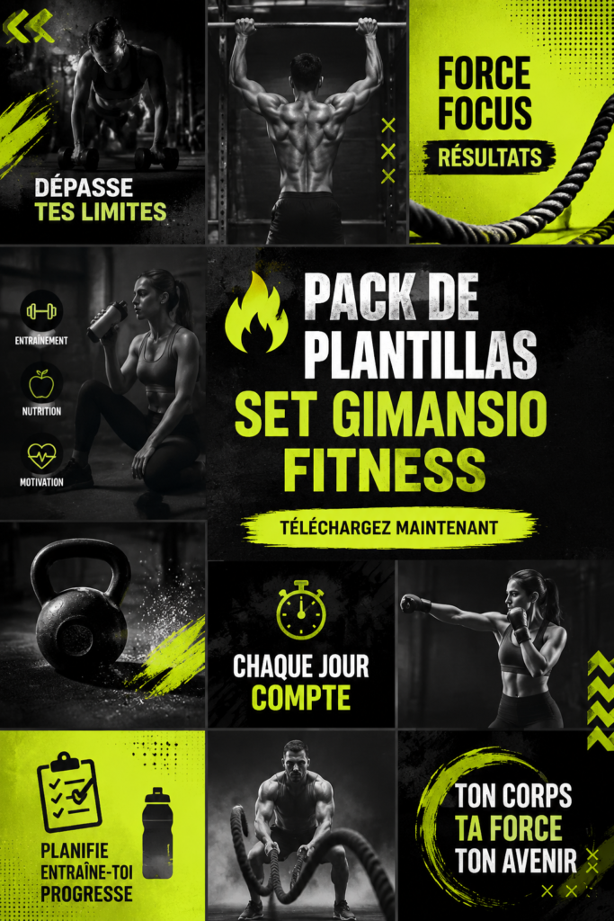 Pack de modèles de gym personnalisables sur Canva avec des designs colorés et pratiques.