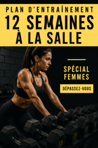 Femme faisant de l'exercice dans une salle de gym, suivant un plan d'entraînement sur 12 semaines.