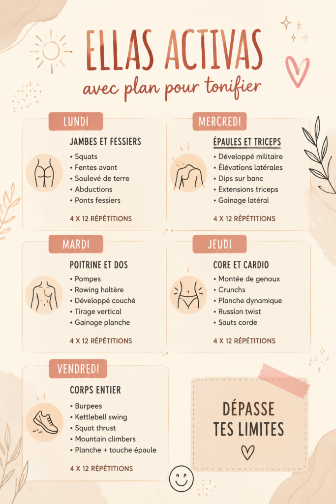 Femme heureuse réalisant des exercices de tonification à la maison avec un tapis de yoga.