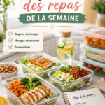 Plat coloré avec des légumes et grillades, représentant la préparation de repas sains pour la semaine.