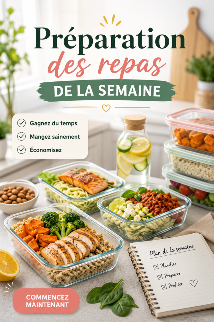 Plat coloré avec des légumes et grillades, représentant la préparation de repas sains pour la semaine.