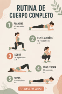 Femme pratiquant des exercices de routine corps complet dans un cadre chaleureux.