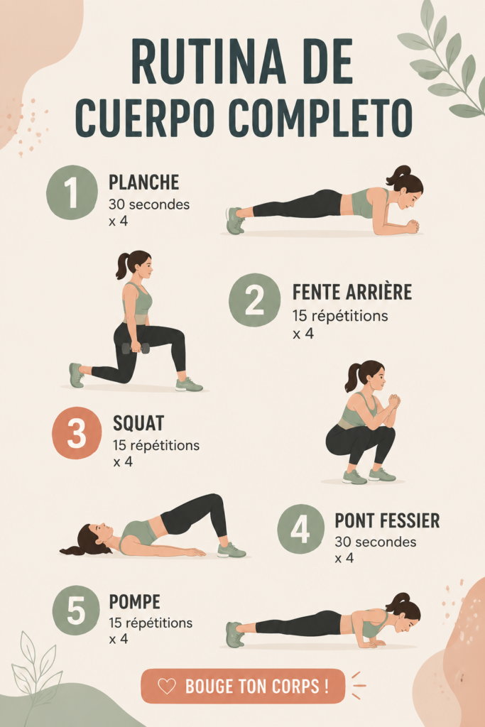 Femme pratiquant des exercices de routine corps complet dans un cadre chaleureux.