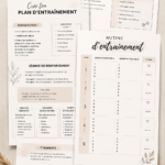 Une femme effectuant des exercices de fitness à la maison avec un guide d'entraînement téléchargeable.